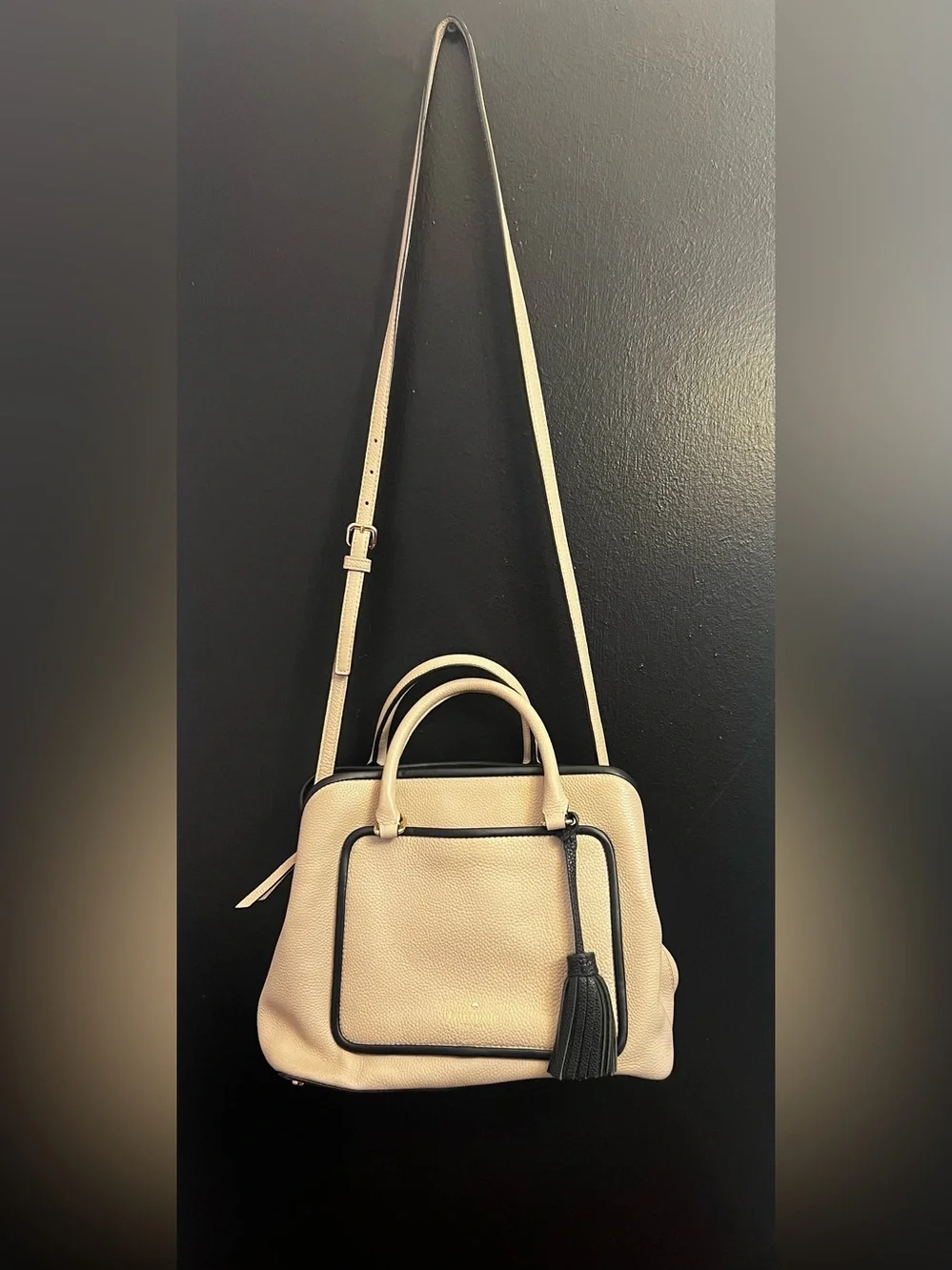 Kate Spade Classic Pebbled Leather Satchel in Beige with Black Trim